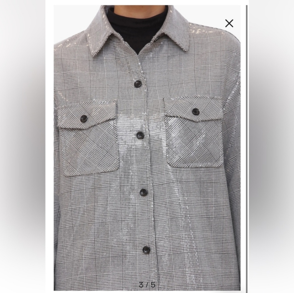 Avec Les Filles Oversize Sequin Plaid Shirt Jacket Gray/White - Picture 5 of 8